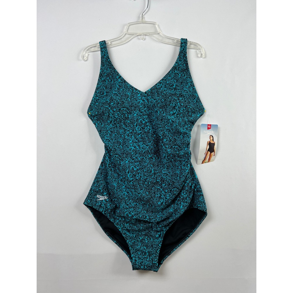 Speedo One Piece Swimsuit Women 8 Teal Black Abstract Swirl V-Neck Bra NEW